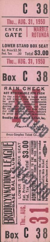 Boston Braves versus Brooklyn Dodgers ticket, 1950 August 31