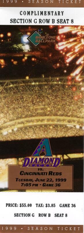 Arizona Diamondbacks versus Cincinnati Reds ticket, 1999 June 12