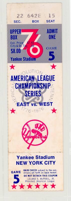 American League Championship Game 5 ticket stub, 1976 October 14
