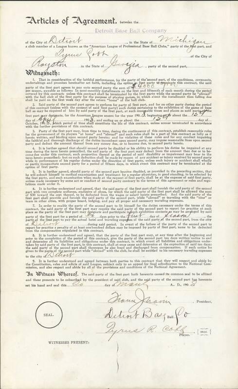 Ty Cobb contract, 1908 March 20