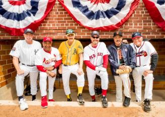 Goose Gossage, Ozzie Smith, Rollie Fingers, Wade Boggs, Juan Marichal, and Phil Niekro in Dugou…