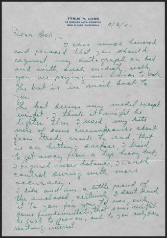 Letter from Ty Cobb to Bobby Doerr, 1951 May 03