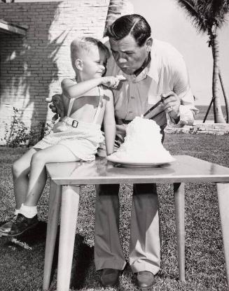 Babe Ruth and Johnny Every with Cake photograph, 1948 February 07