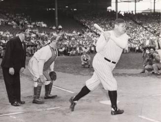 Babe Ruth Batting at War Bond Exhibition Game photograph, 1943 August 26