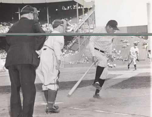 Babe Ruth Batting at War Bond Game photograph, 1943 August 26