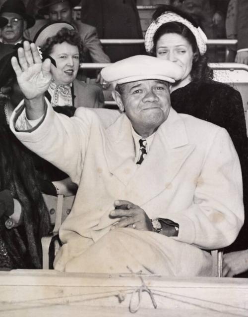 Babe Ruth Waving at a Baseball Game photograph, probably 1947