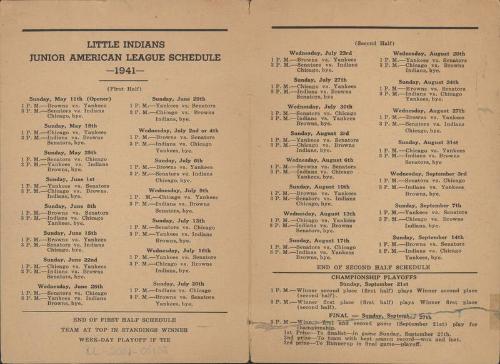 Little Indians Junior American League schedule, 1941