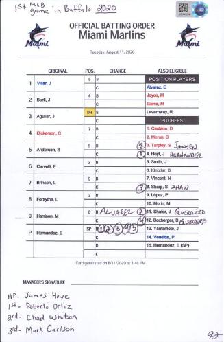 Miami Marlins official batting order card, 2020 August 11