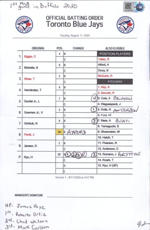 Toronto Blue Jays official batting order card, 2020 August 11