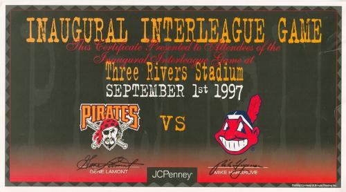 Inaugural Interleague Game certificate of attendance, 1971 September 01