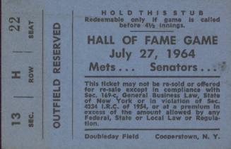 New York Mets versus Washington Senators Hall of Fame game ticket, 1964 July 27