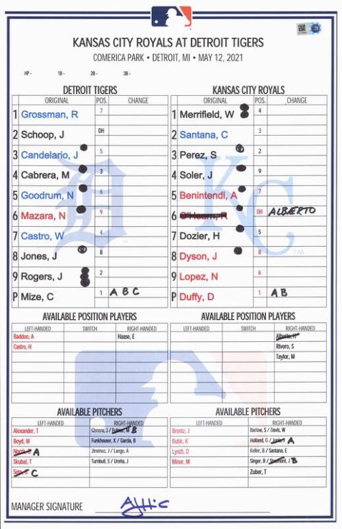 Kansas City Royals at Detroit Tigers lineup card, 2021 May 12