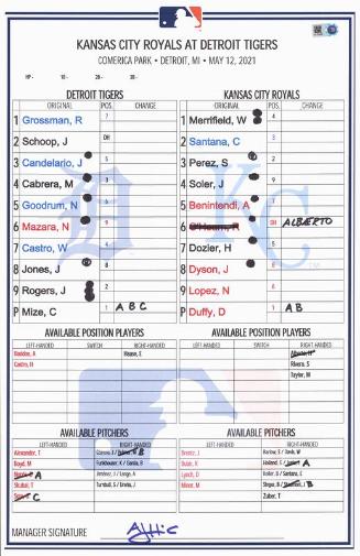 Kansas City Royals at Detroit Tigers lineup card, 2021 May 12