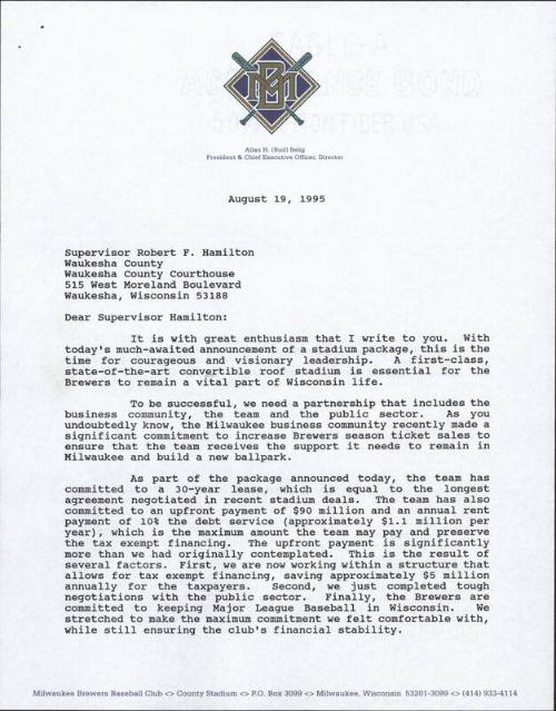 Letter by Bud Selig to Robert F. Hamilton, 1995 August 19