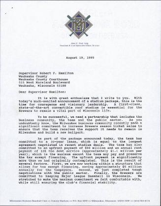 Letter by Bud Selig to Robert F. Hamilton, 1995 August 19