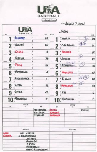 United States official lineup card, 2021 August 07