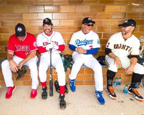 Wally Joyner, Wade Boggs, Steve Sax, and Cody Ross in the dugout photograph, 2017 May 27