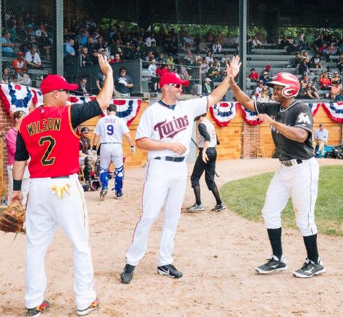 Jack Wilson, Michael Cuddyer, and Juan Pierre Celebrating photograph, 2017 May 27