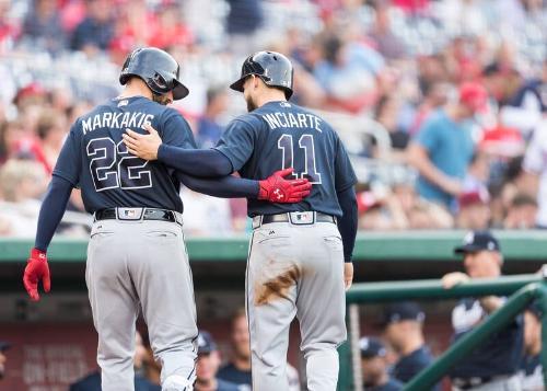 Ender Inciarte and Nick Markakis celebrating photograph, 2017 June 12