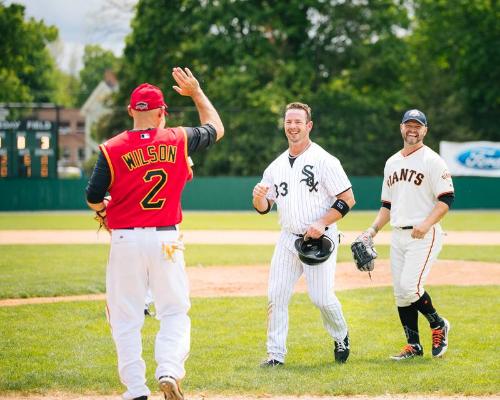 Jack Wilson, Aaron Rowand, and Cody Ross on the Field photograph, 2017 May 27