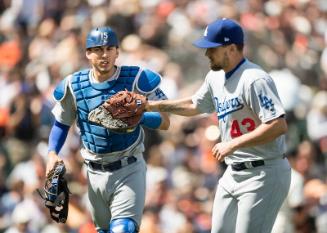 Austin Barnes and Luis Avilan on the Field photograph, 2017 April 27