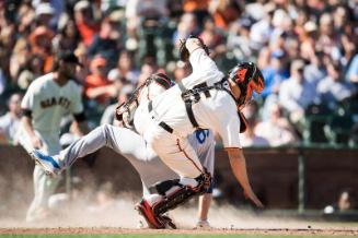 Chase Utley and Nick Hundley Colliding photograph, 2017 April 27