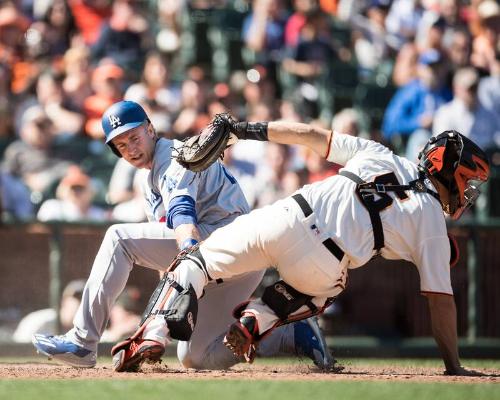 Chase Utley and Nick Hundley Colliding photograph, 2017 April 27