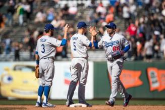 Chris Taylor, Corey Seager, and Yasiel Puig photograph, 2017 April 27