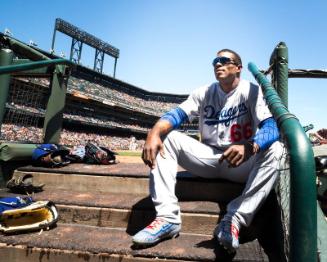 Yasiel Puig in the Dugout photograph, 2017 April 27