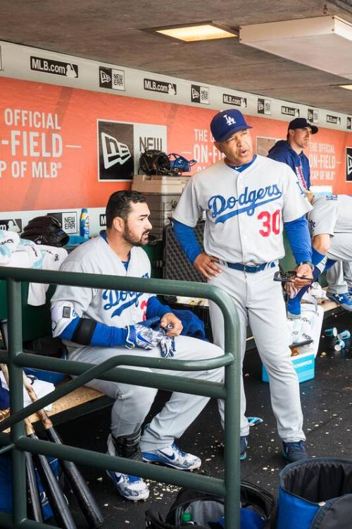 Dave Roberts and Adrian Gonzalez in the Dugout photograph, 2017 April 27