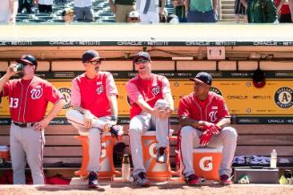 Bob Henley, Mike Maddux, Max Scherzer, Wilmer Difo in the Dugout photograph, 2017 June 04