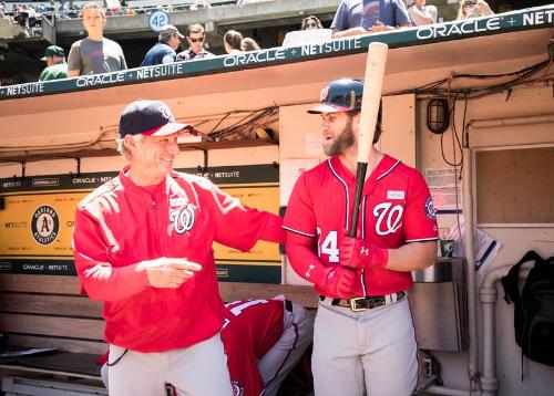 Chris Speier and Bryce Harper in the Dugout photograph, 2017 June 04