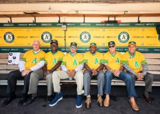 Joe Rudi, Blue Moon Odom, Reggie Jackson, Vida Blue, Darold Knowles, and Bert Campaneris in the…