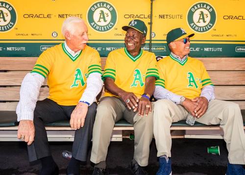 Joe Rudi, Blue Moon Odom, and Reggie Jackson, in the Dugout photograph, 2017 June 17