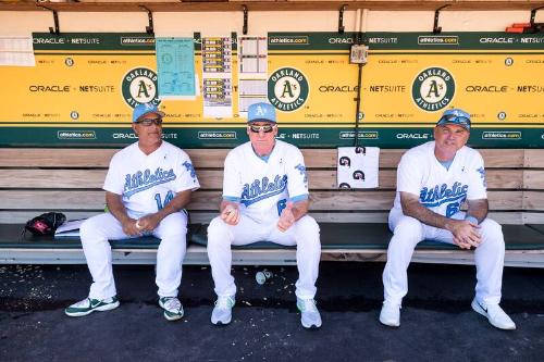 Mike Aldrete, Bob Melvin, and Steve Scarsone in the Dugout photograph, 2017 June 18