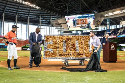 Ichiro Suzuki, David P. Samson, and Michael Hill On Field Ceremony photograph, 2017 April 30