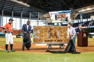 Ichiro Suzuki, David P. Samson, and Michael Hill On Field Ceremony photograph, 2017 April 30