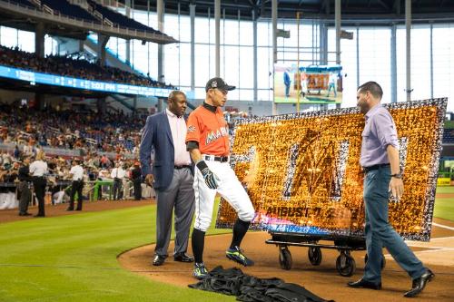 Ichiro Suzuki, David P. Samson, and Michael Hill On Field Ceremony photograph, 2017 April 30