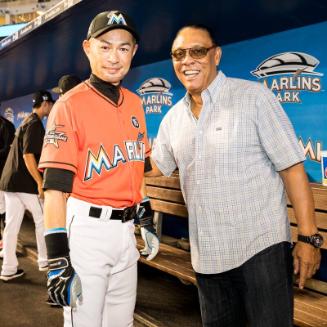 Ichiro Suzuki and Tony Perez in the Dugout photograph, 2017 April 30