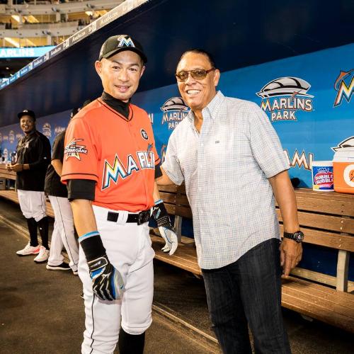 Ichiro Suzuki and Tony Perez in the Dugout photograph, 2017 April 30