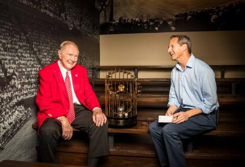 Red Schoendienst, Jeff Idelson, and 1967 World Series Championship Trophy photograph, 2017 June…