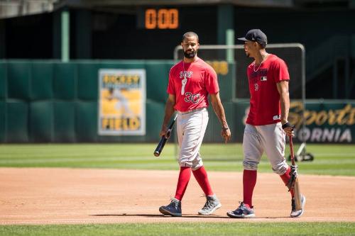 Chris Young and Xander Bogaerts during Batting Practice photograph, 2017 May 20