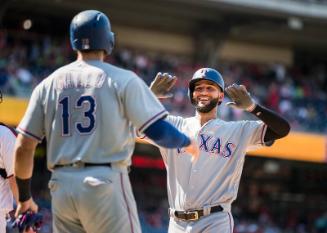 Joey Gallo and Nomar Mazara Celebrating photograph, 2017 June 10