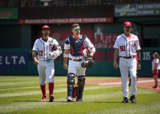 Gio Gonzalez, Jose Lobaton, and Mike Maddux on the Field photograph, 2017 June 10