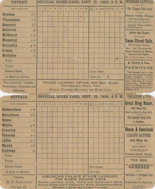 Detroit Wolverines versus Buffalo Bisons scorecard, 1885 September 12