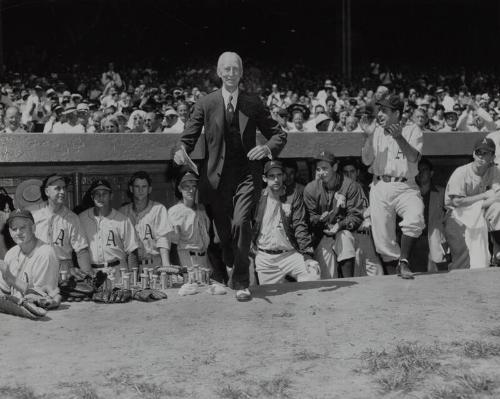 Connie Mack and Philadelphia Athletics in Dugout photograph, 1949 August 21