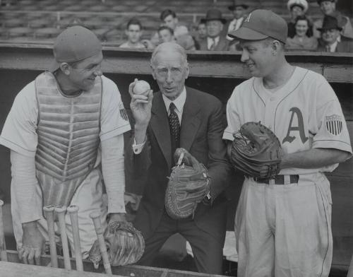 Connie Mack, Greek George and Buddy Rosar photograph, 1945