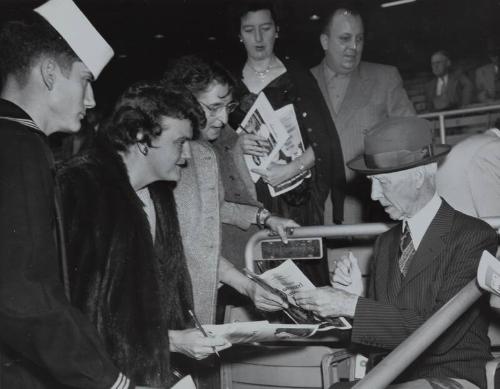 Connie Mack Signing Autographs photograph, 1952 October 05