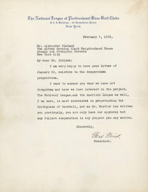 Letter from Ford Frick to Alexander Cleland, 1935 February 07