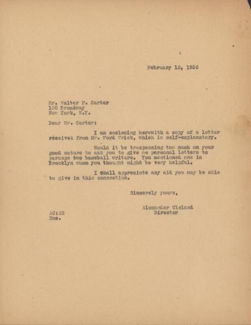 Letter from Alexander Cleland to Walter F. Carter, 1935 February 13